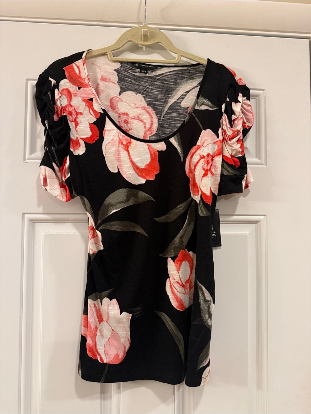 INC International Concepts Black Scoop Neck Floral Top with Pink & Coral Blooms